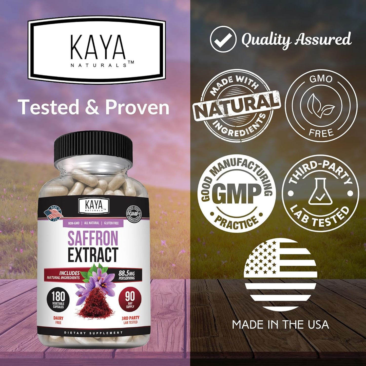 Kaya Naturals Saffron Supplement 100% Pure Extract Non-GMO Gluten-Free 180 Capsules