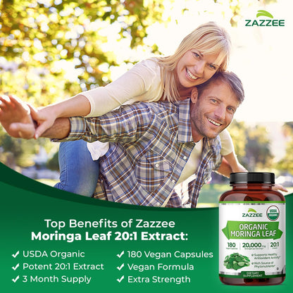 Zazzee Organic Moringa 20:1 Extract Vegan Capsules Kosher 180 Count