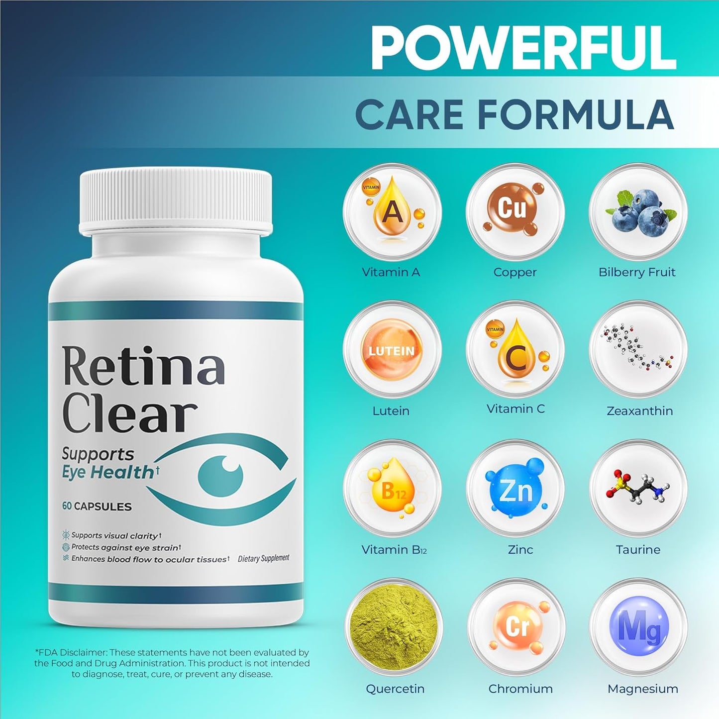 Retina Clear Vision Support Supplement Capsules – Natural Ingredient Eye Health Formula, 180 Capsules (3 Pack)