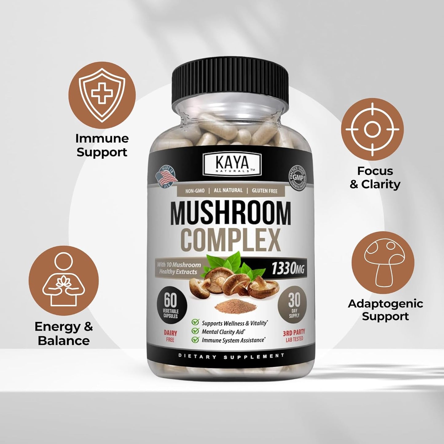 Kaya Naturals Mushroom Complex Capsules 1330 mg Per Serving 60 Count