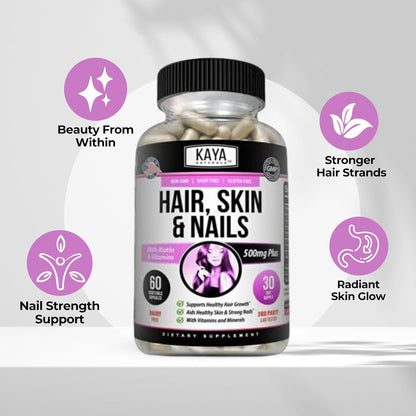 Kaya Naturals Hair Skin Nail Capsules Biotin Vitamin D B12 Folic Acid