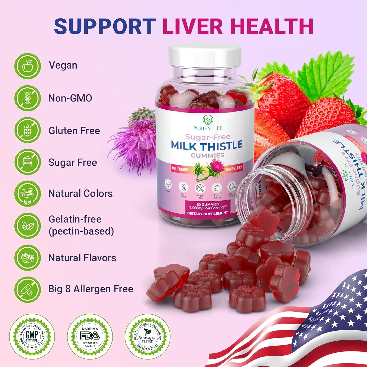 Sugar-Free Milk Thistle Gummies – Vegan Blueberry Raspberry Flavor, Antioxidant Herbal Supplement(60Gummies)
