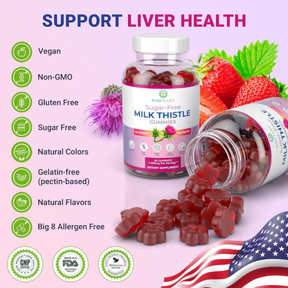 Sugar-Free Milk Thistle Gummies – Vegan Blueberry Raspberry Flavor, Antioxidant Herbal Supplement(60Gummies)