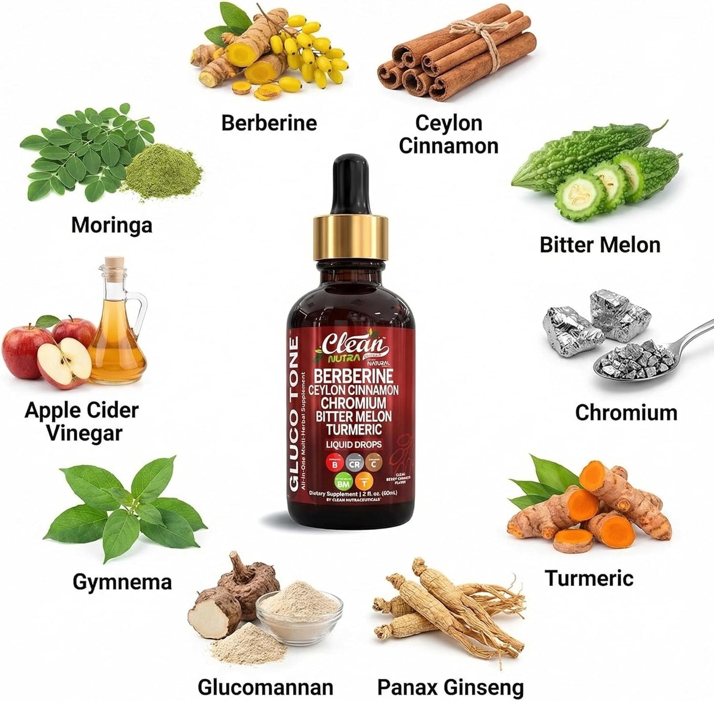 Clean Nutra Berberine Ceylon Cinnamon Liquid Drops with Bitter Melon Chromium Turmeric Ginseng