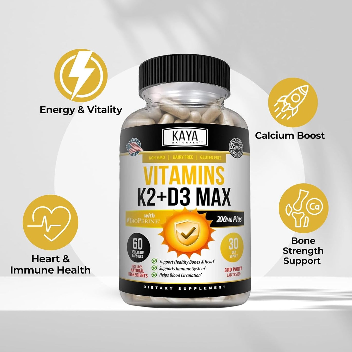 Kaya Naturals Vitamin K2 with D3 5000 IU Bioperine Capsules 60 Count