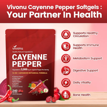 VivoNu Cayenne Pepper Softgels Vitamin E D3 K2 Grape Seed Hawthorn Beetroot Berberine