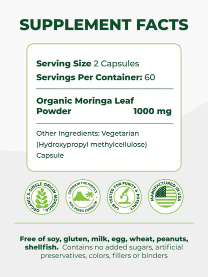 PURA VIDA MORINGA Organic Moringa Capsules 500mg – Pure Leaf Powder for Energy & Wellness Support, 120 Capsules