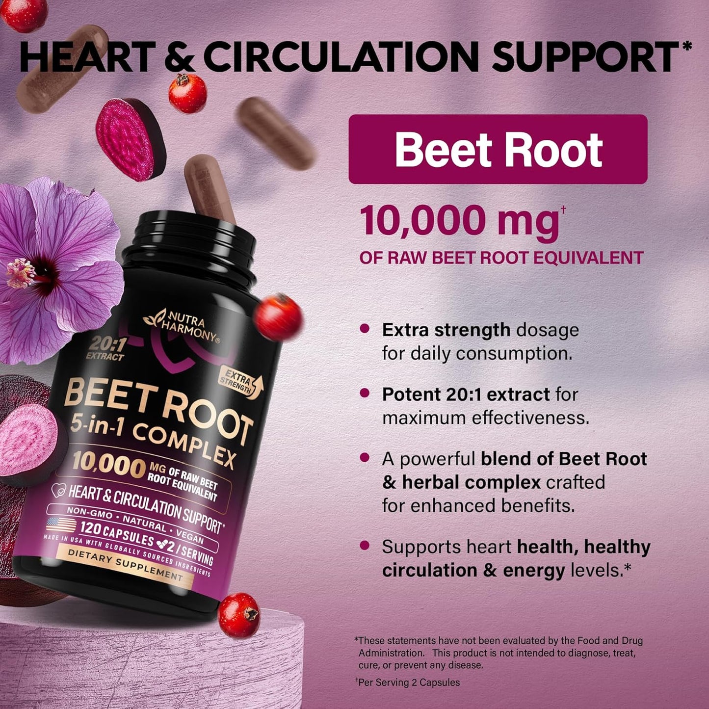 Beet Root 5-in-1 Complex Capsules – Olive Leaf, Hawthorn Berry & Hibiscus, 120 Count