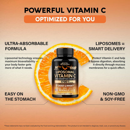 Liposomal Vitamin C 1700 mg Capsules – High Absorption, Non-GMO, Soy-Free, 180 Count