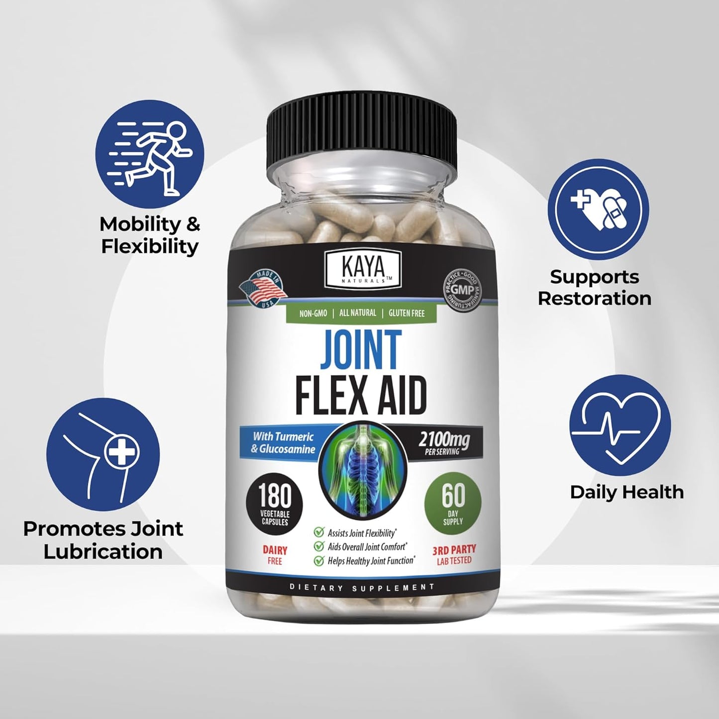 Kaya Naturals Flex Aid Turmeric Capsules Glucosamine Boswellia MSM 180 Count