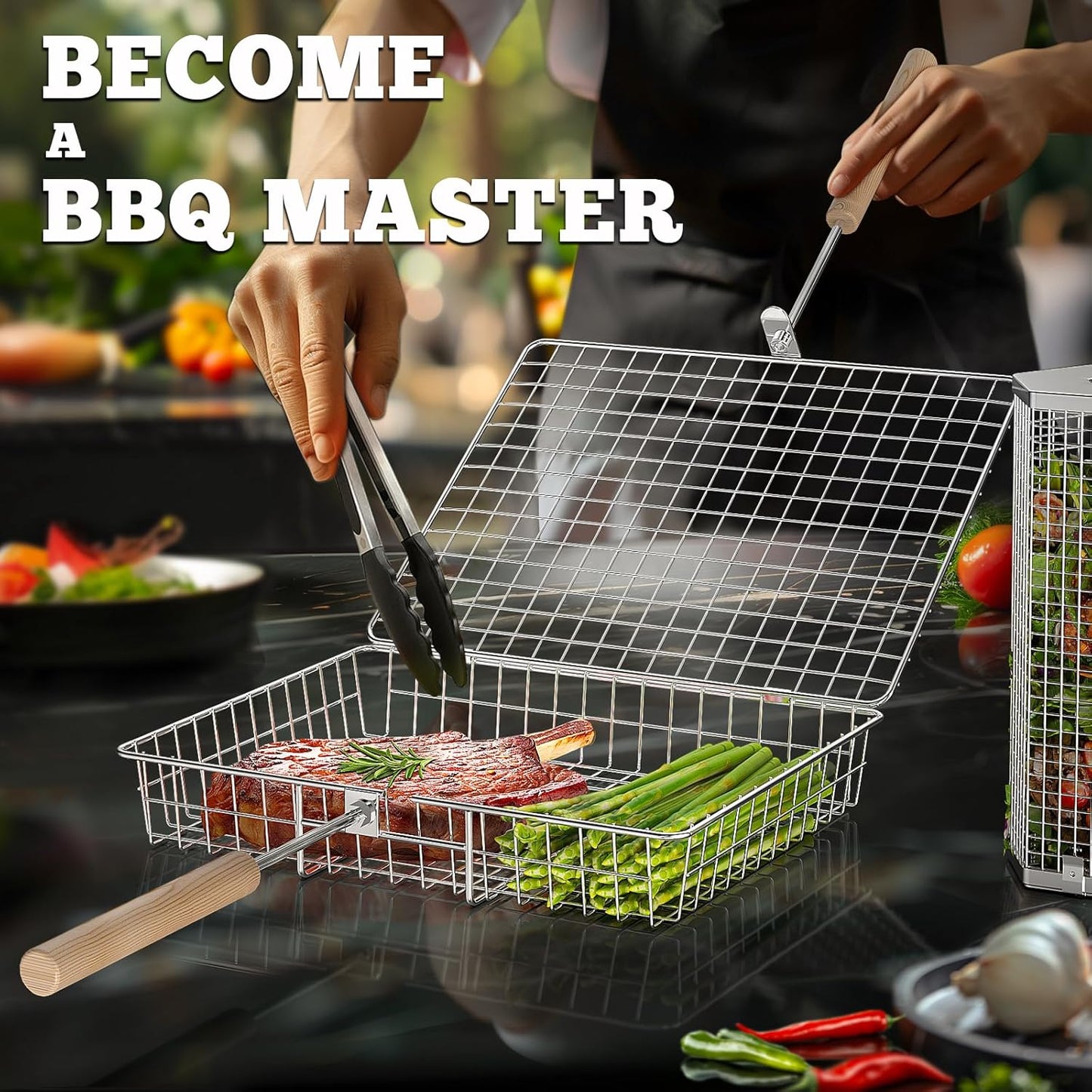 Ivtivfu Rolling Grill Baskets Stainless Steel with Removable Wooden Handle Set
