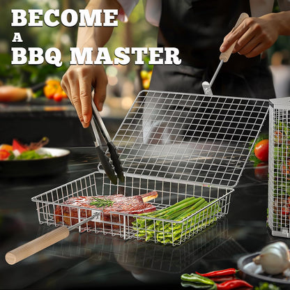 Ivtivfu Rolling Grill Baskets Stainless Steel with Removable Wooden Handle Set
