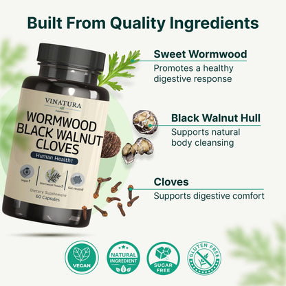 VINATURA Wormwood Black Walnut Clove Capsules - Cleanse, Intestinal Guard Formula Supplement for Humans, with Wormwood herb, Black Walnut Extract Combination, 60 Capsules