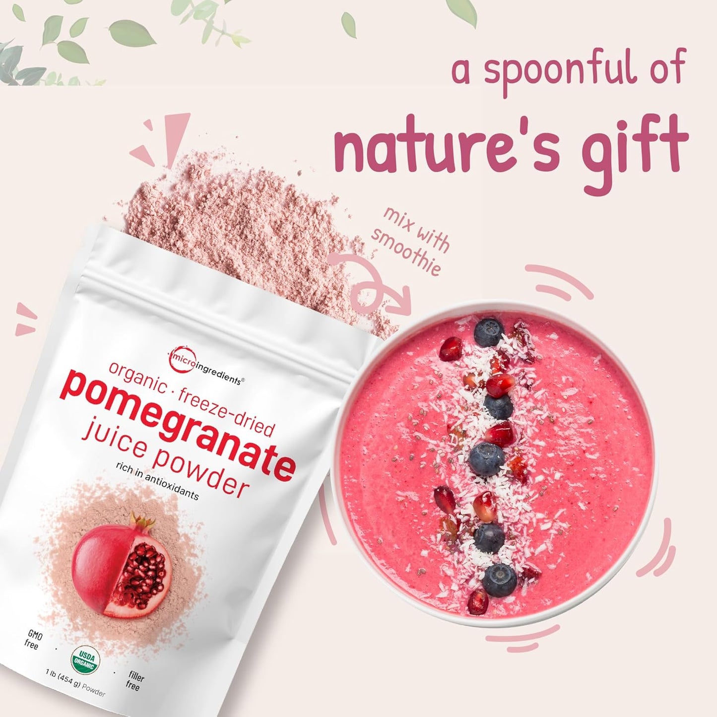 Organic Pomegranate Juice Powder 1lb – 100% Natural Fruit Powder for Smoothies, Drinks & Beverages