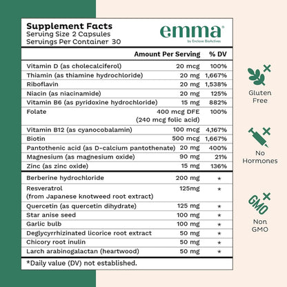 Emma Gut Health Supplement Berberine Resveratrol Quercetin Capsules 60 Count 2pack