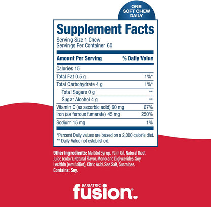 Bariatric Fusion Chewable Iron Supplement with Vitamin C Cherry Flavor 60 Count