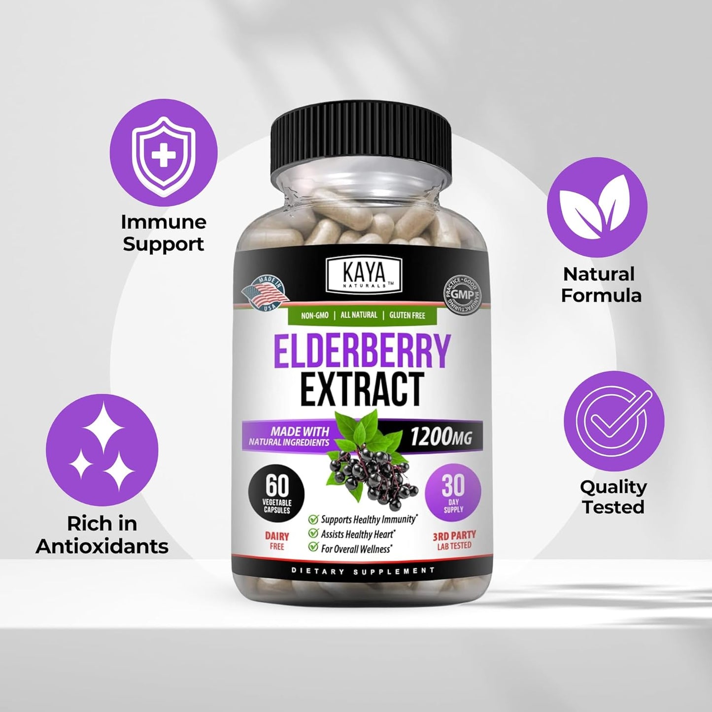 Kaya Naturals Elderberry Capsules Zinc Vitamin C Probiotics Turmeric 1200 mg 60 Count