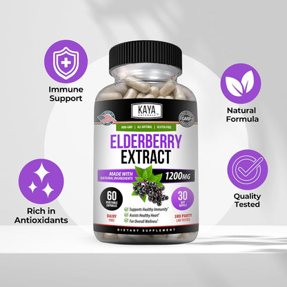 Kaya Naturals Elderberry Capsules Zinc Vitamin C Probiotics Turmeric 1200 mg 60 Count