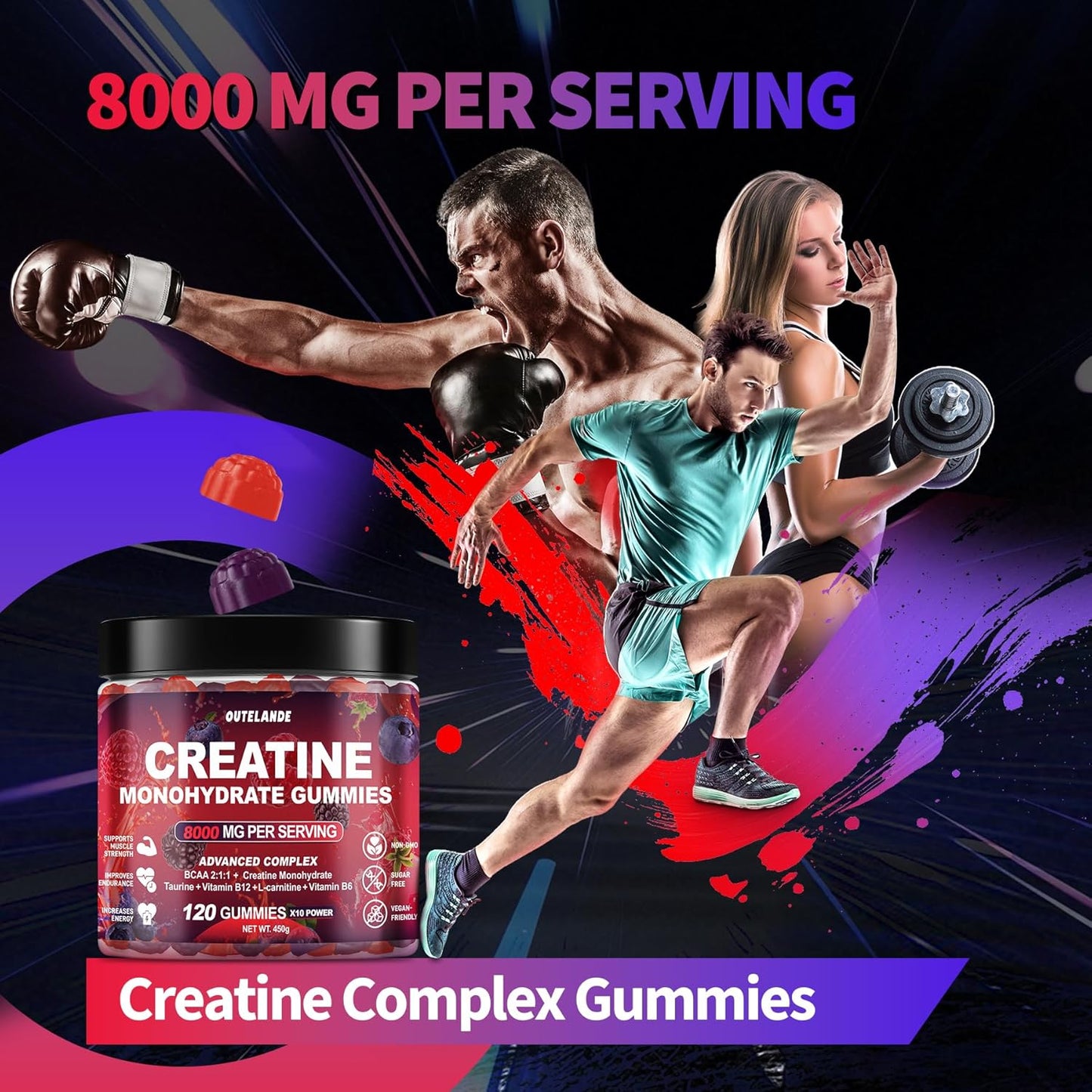 OUTELANDE Creatine Monohydrate Gummies 8000 mg with L Taurine Sugar Free Vegan 120 Count