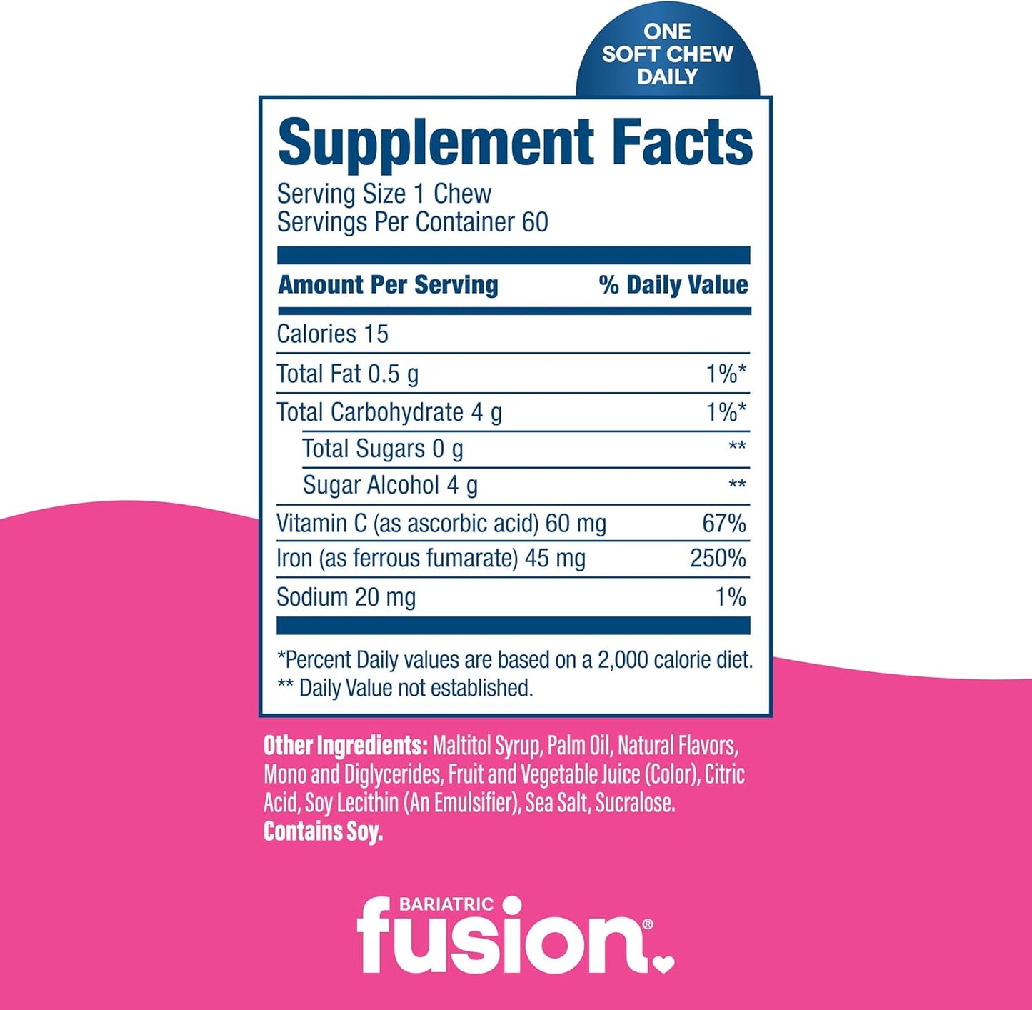 Bariatric Fusion Chewable Iron Supplement with Vitamin C Watermelon Flavor 60 Count