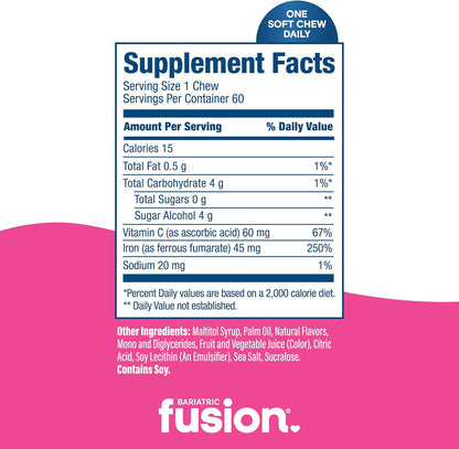 Bariatric Fusion Chewable Iron Supplement with Vitamin C Watermelon Flavor 60 Count
