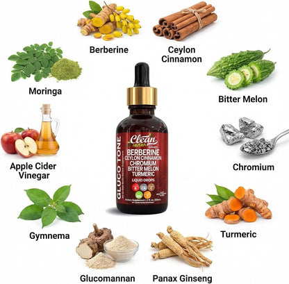 Clean Nutra Berberine Liquid Drops with Cinnamon, Bitter Melon & Herbal Blend