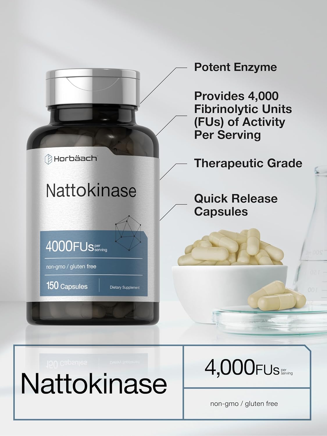 Horbäach Nattokinase 4000 FU Enzyme Supplement – Non-GMO, Gluten Free, 150 Capsules