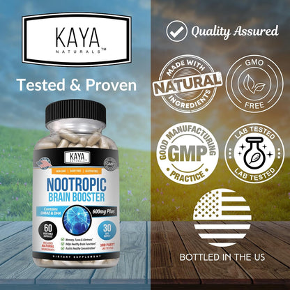 Kaya Naturals Nootropic Brain Booster Capsules Memory Focus Cognitive Support 60 Count