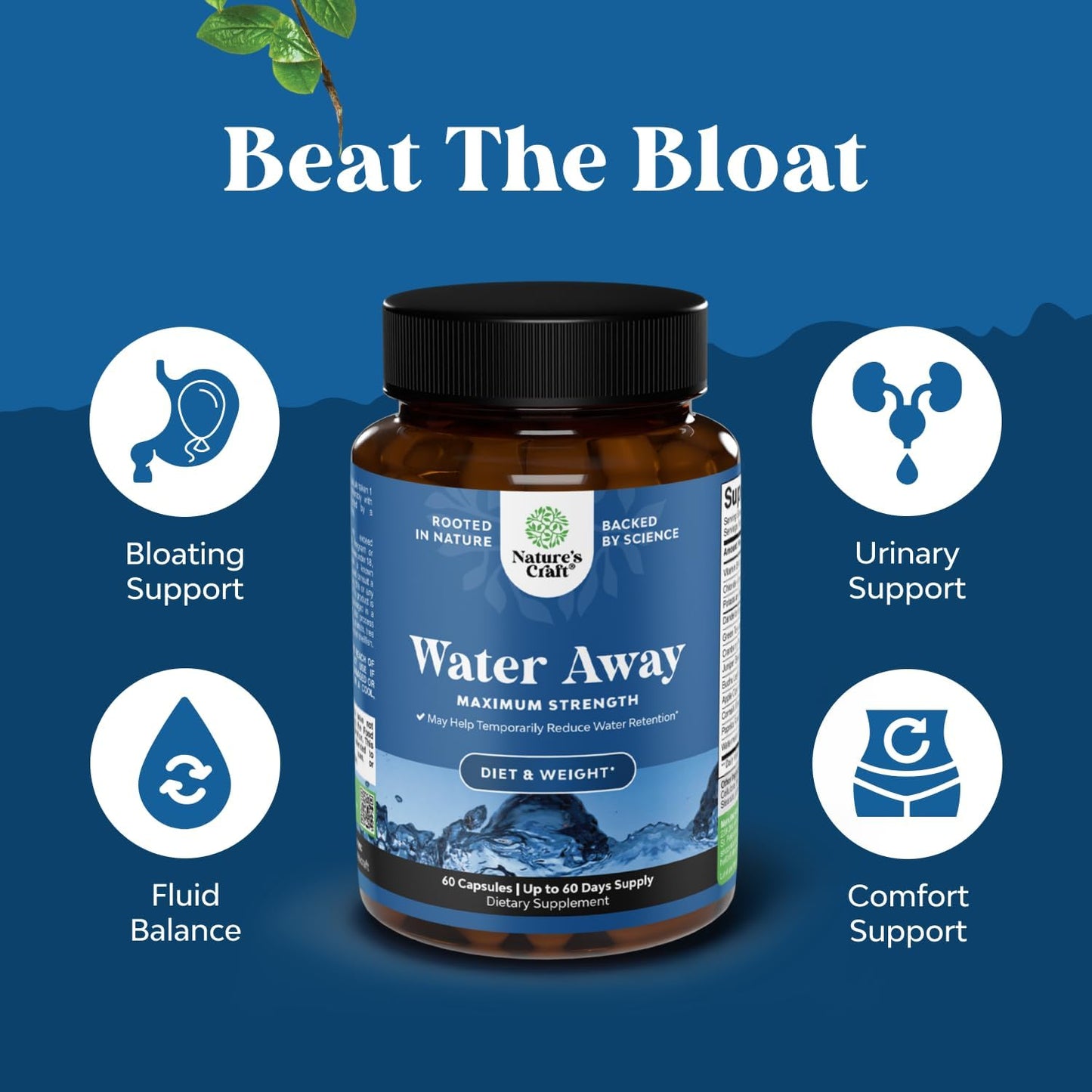 Water Away Herbal Diuretic Capsules Dandelion Green Tea 60 Count