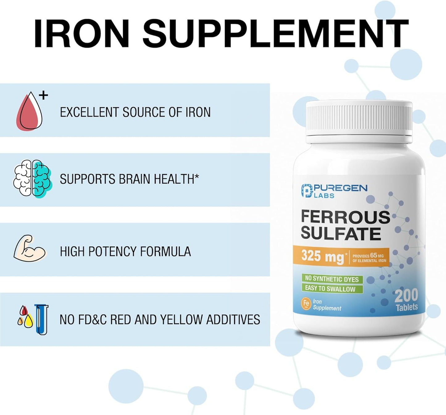 Puregen Labs Ferrous Sulfate 325 mg Iron Supplement 200 Tablets