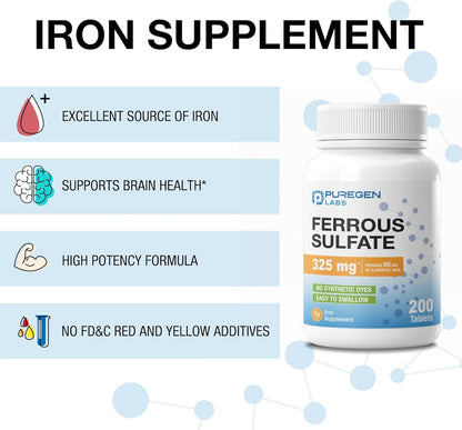 Puregen Labs Ferrous Sulfate 325 mg Iron Supplement 200 Tablets