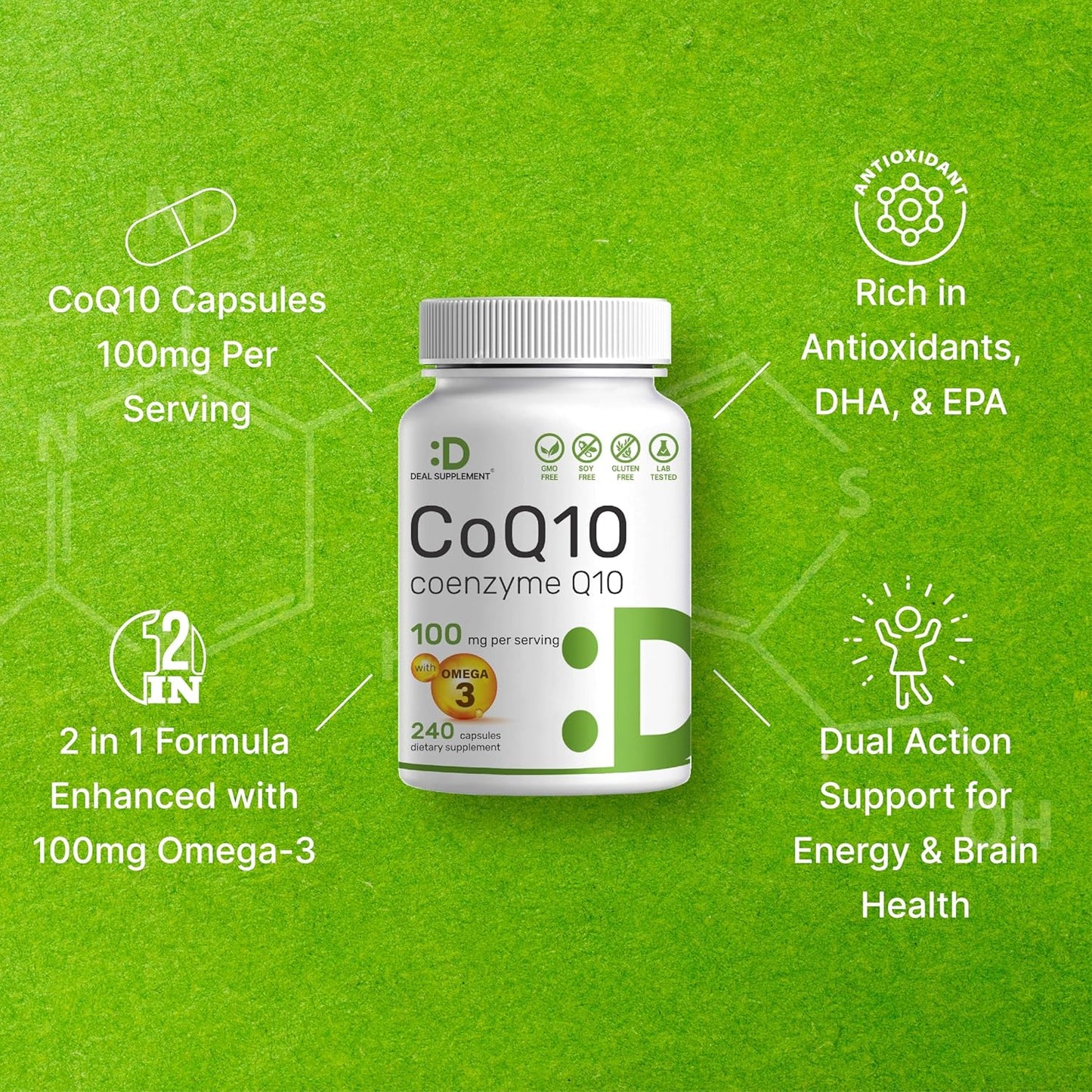 Deal Supplement CoQ10 100 mg with Omega-3 100 mg Capsules – 240 Count, Non-GMO