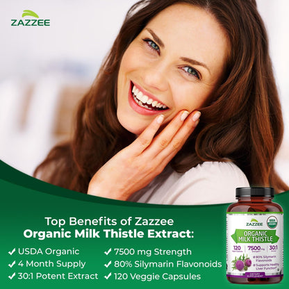 Zazzee Organic Milk Thistle Extract 30:1 – 80% Silymarin, 120 Vegan Capsules, Non-GMO