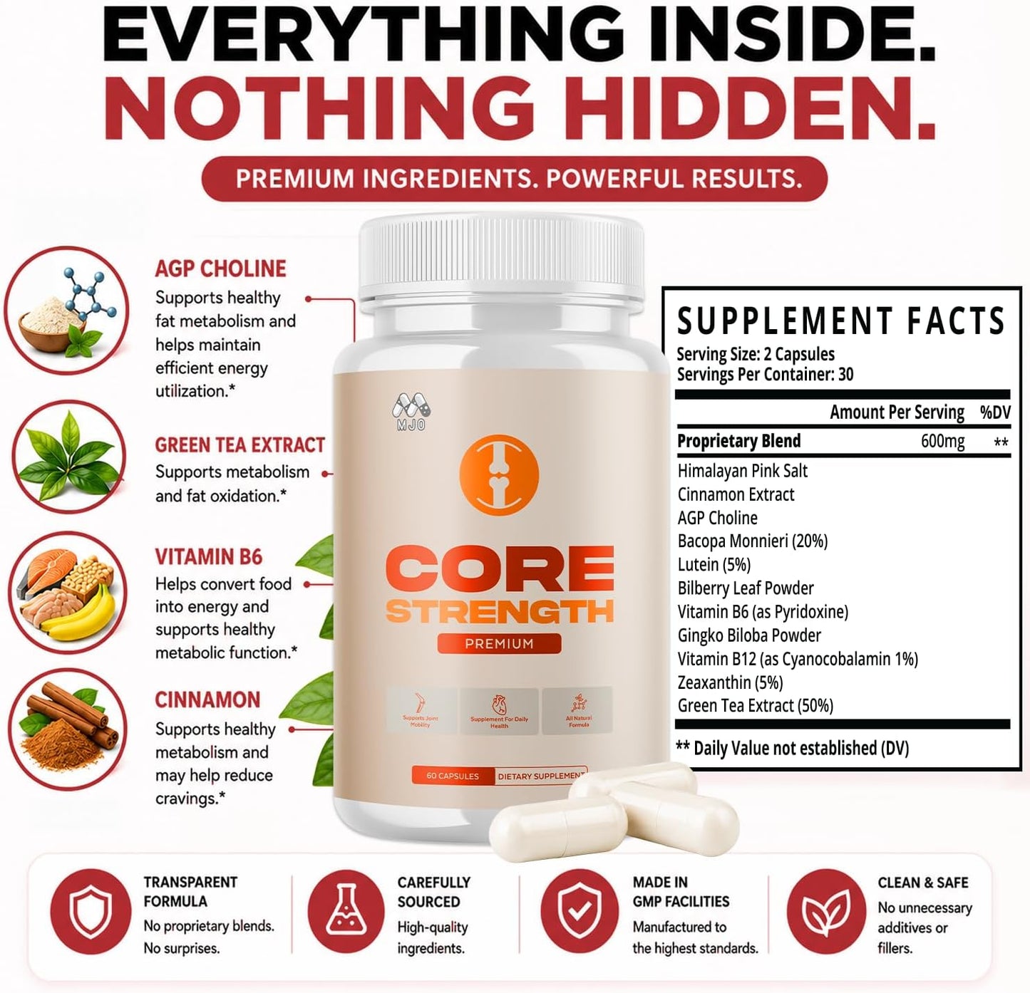 Core Strength Supplement Capsules with Natural Ingredients & Multivitamins 180 Capsules (3 Pack)