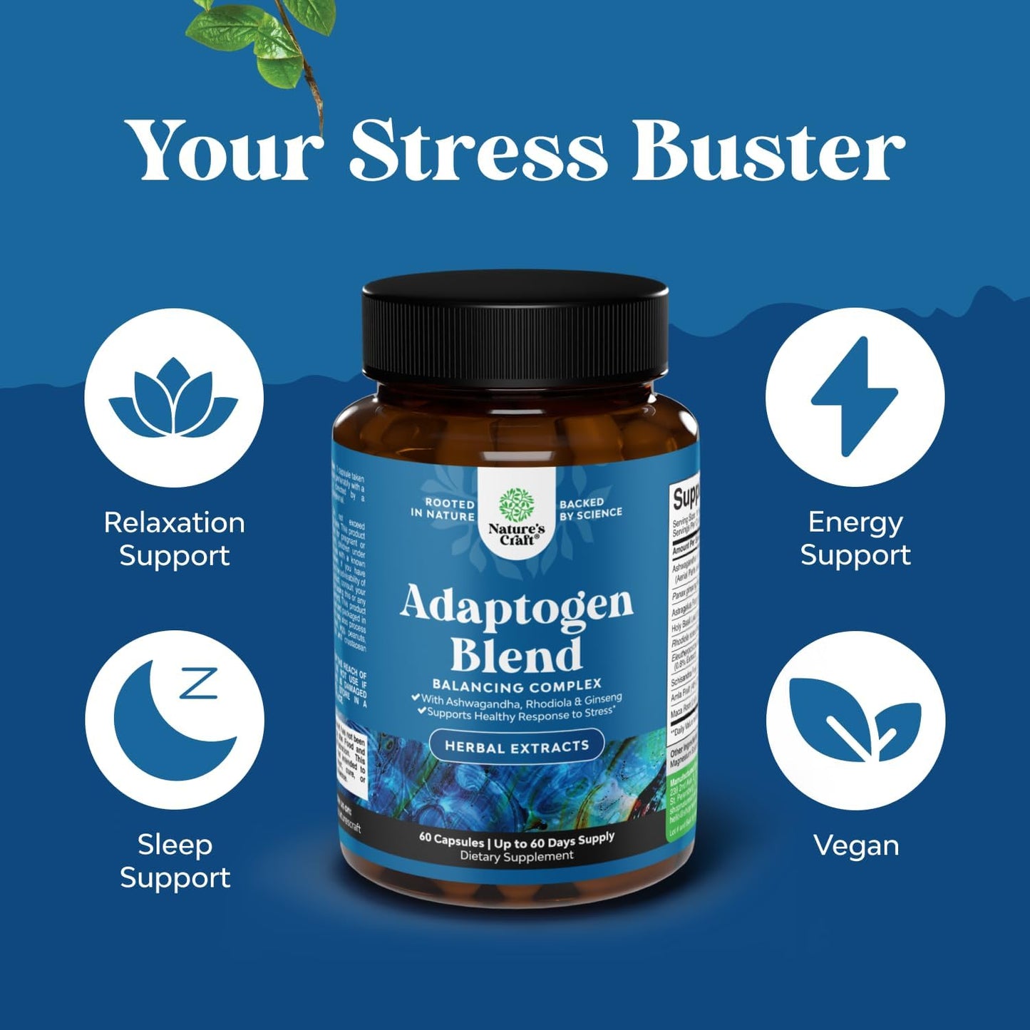 Adaptogen Mood Support Capsules Ashwagandha Rhodiola Maca Vegan 60 Count
