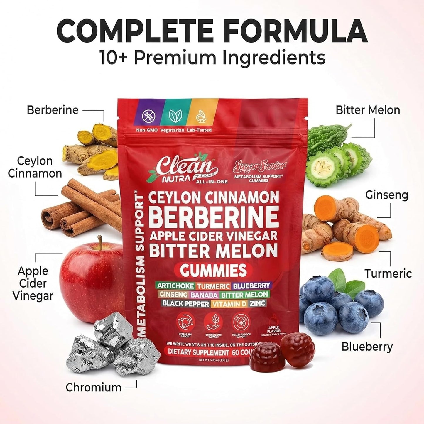 Sugar Savior Berberine Cinnamon ACV Gummies Turmeric Ginseng Vitamins 60 Count