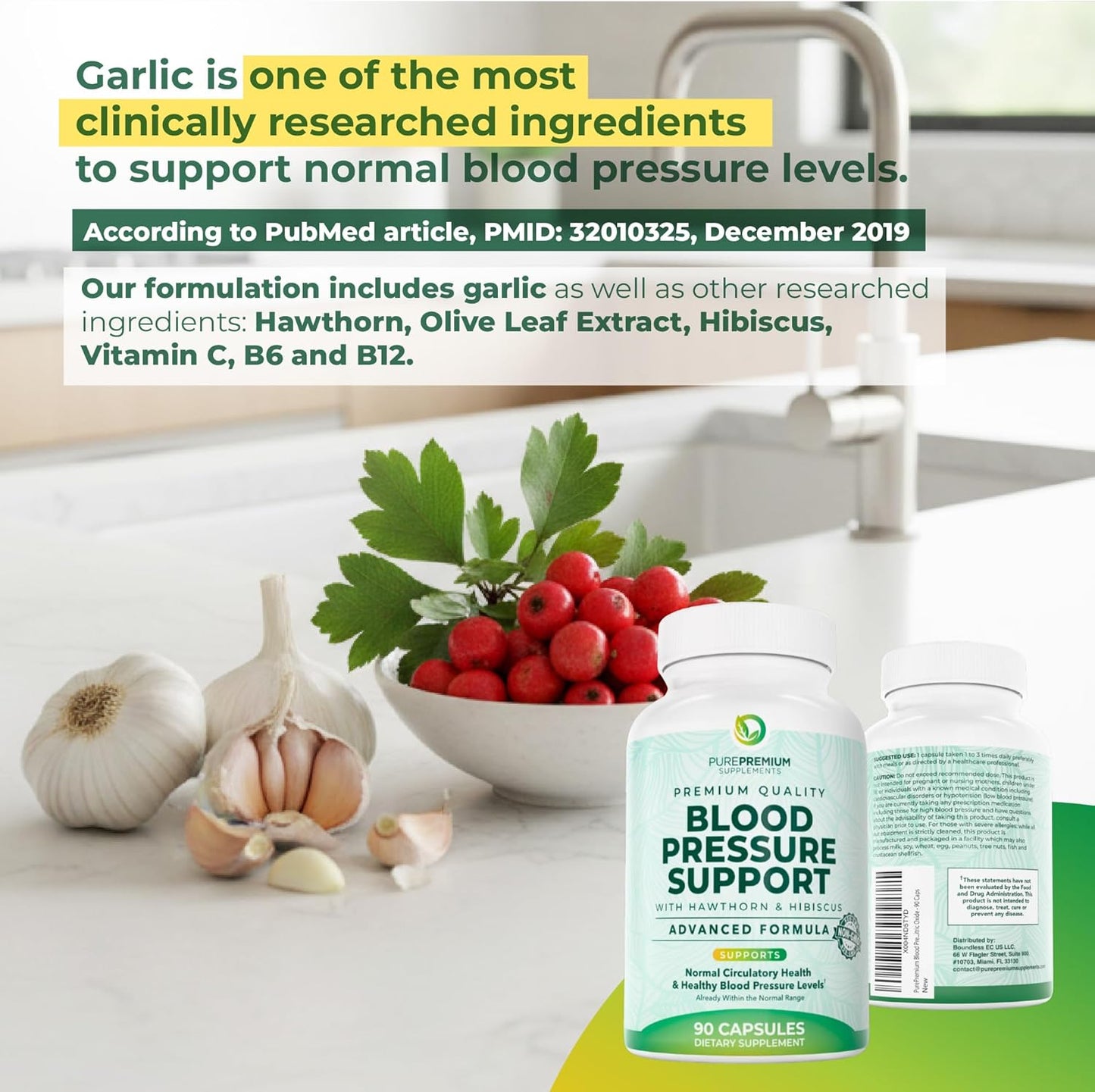 PurePremium Blood Pressure Supplement Hawthorn Hibiscus Garlic Vitamin B12 90 Count