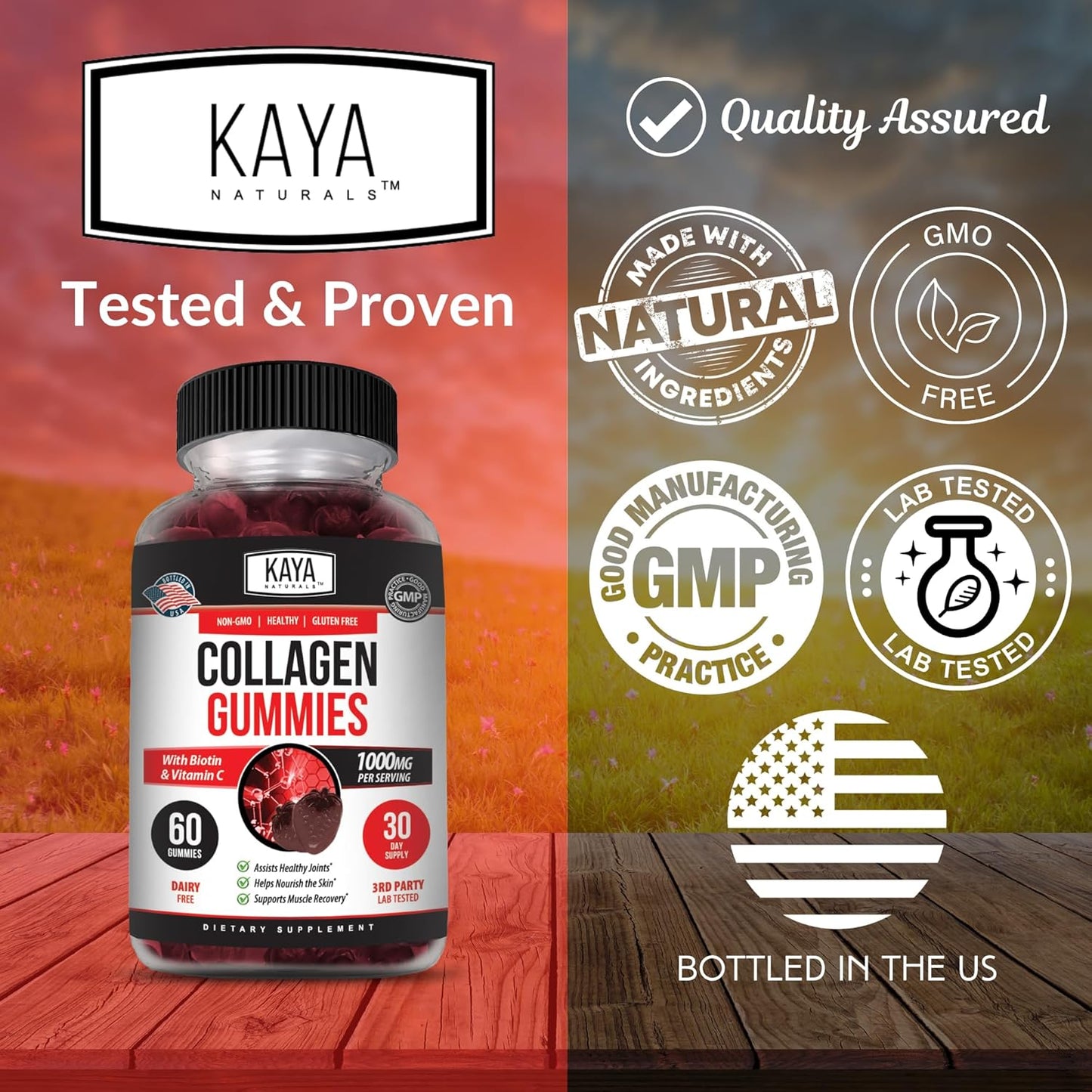 Kaya Naturals Collagen Gummies 1000 mg Vitamin C Selenium Biotin Strawberry 60 Count