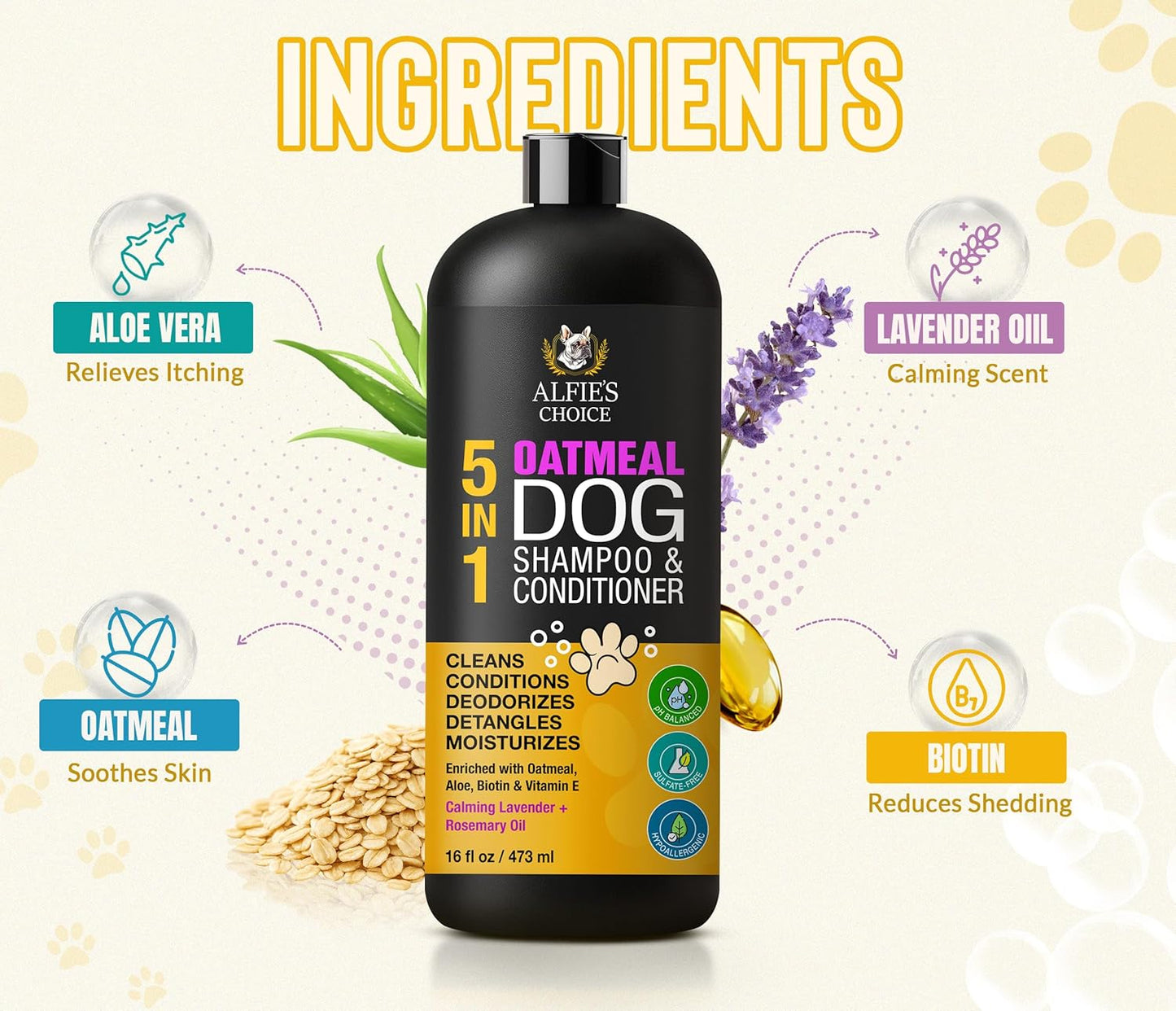 ALFIE'S CHOICE Oatmeal Dog Shampoo Conditioner 16 fl oz 5-in-1 Sensitive Skin