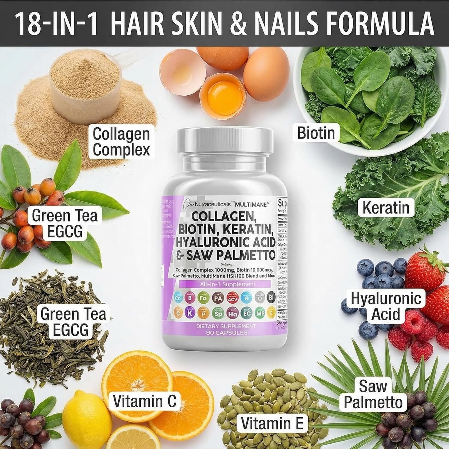 Clean Nutraceuticals Collagen Biotin Keratin Hair Skin Nails 90 Capsules