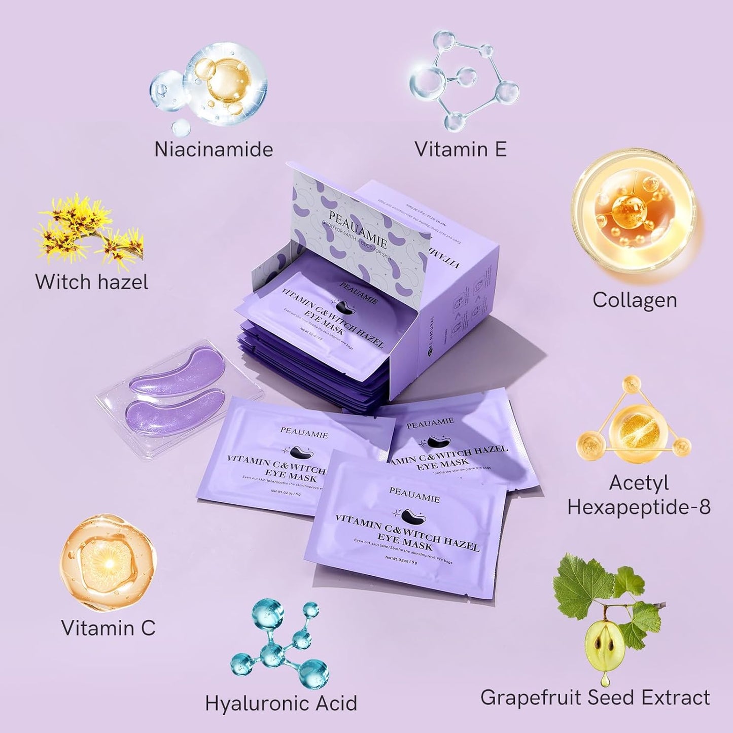PEAUAMIE Under Eye Patches with Vitamin C & Witch Hazel 30 Pairs