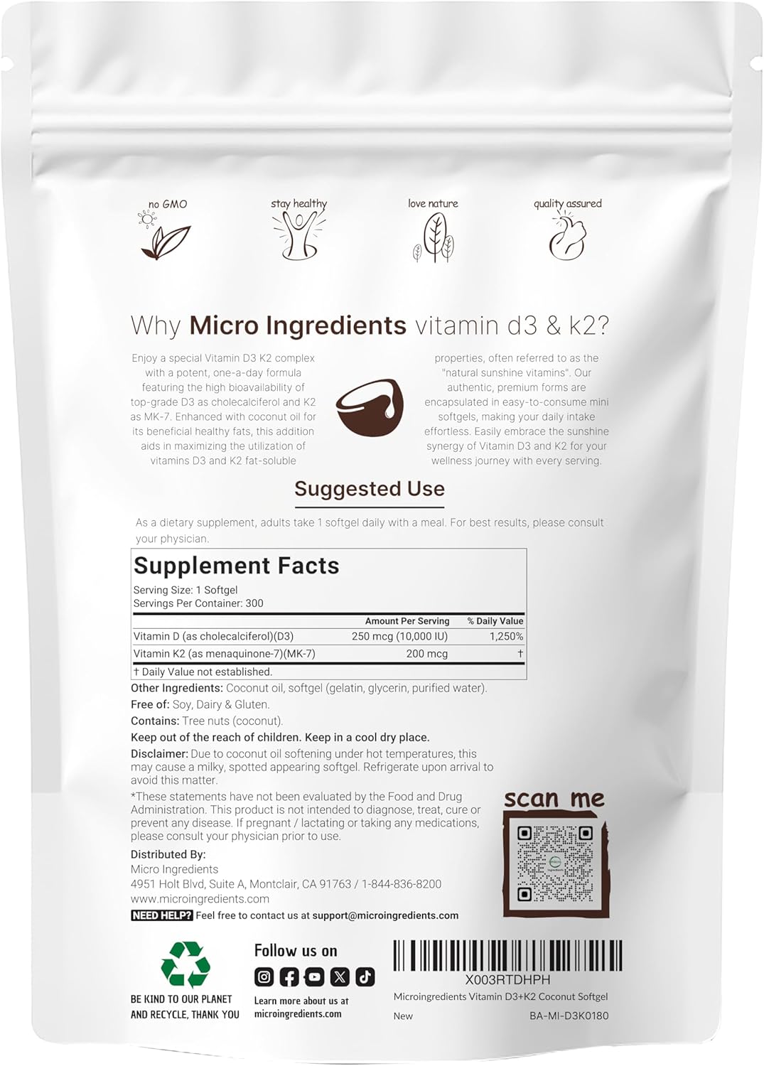 Micro Ingredients Vitamin D3 10,000 IU + K2 MK-7 200 mcg with Virgin Coconut Oil – Extra Strength D & K Complex, Non-GMO, Gluten Free, 300 Softgels
