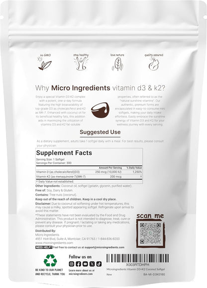 Micro Ingredients Vitamin D3 10,000 IU + K2 MK-7 200 mcg with Virgin Coconut Oil – Extra Strength D & K Complex, Non-GMO, Gluten Free, 300 Softgels