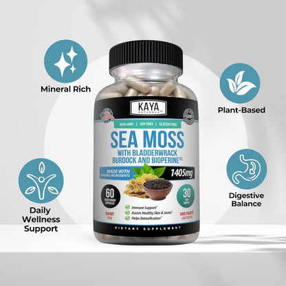 Kaya Naturals Sea Moss Capsules Burdock Root Bladderwrack BioPerine 60 Count