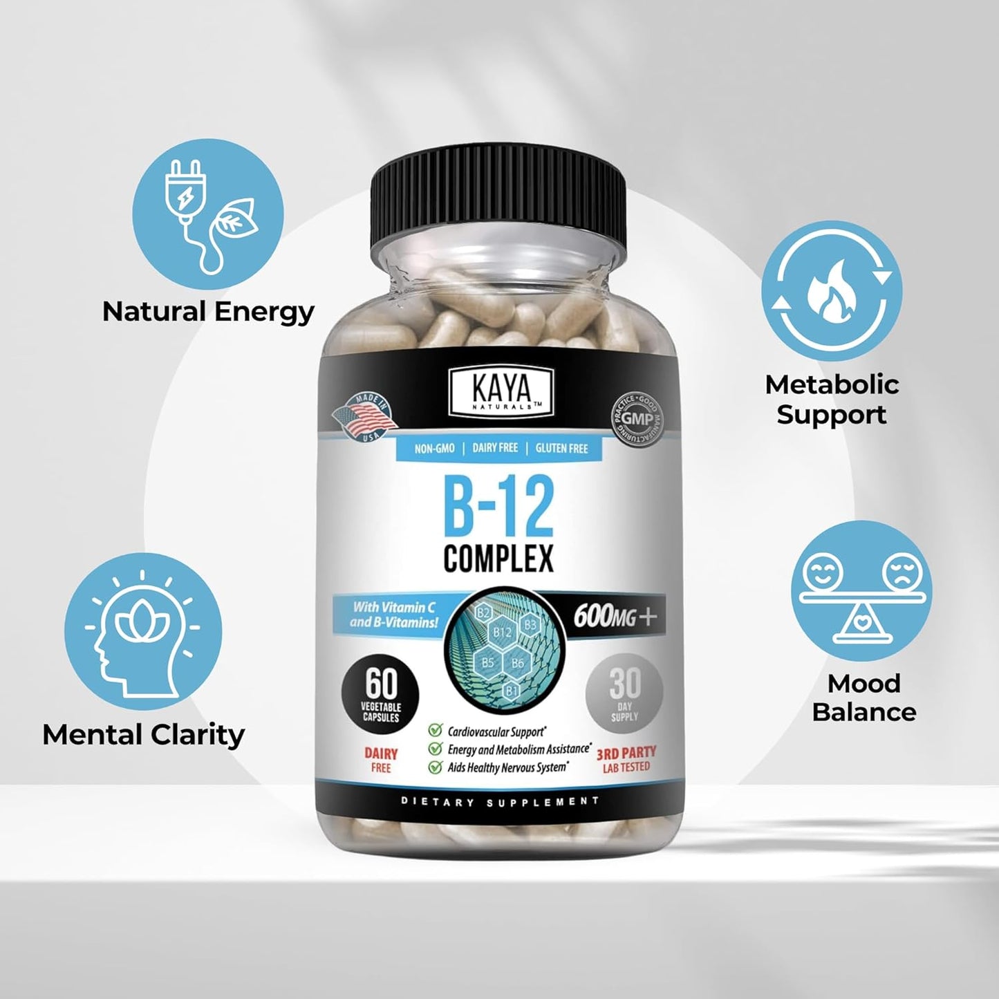 Kaya Naturals B-12 Complex Capsules Energy Metabolism Multivitamin 60 Count