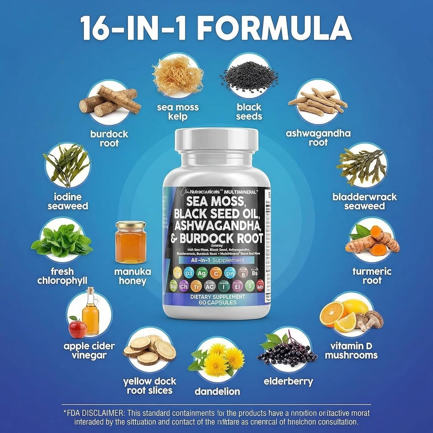 Clean Nutraceuticals Sea Moss & Herbal Supplement with Vitamins C D3 Elderberry 60 Count