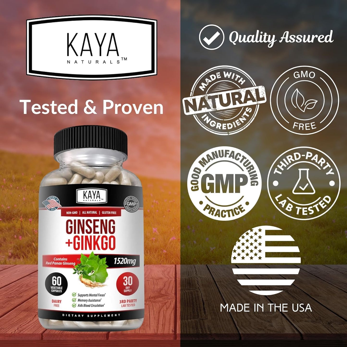 Kaya Naturals Red Panax Ginseng + Ginkgo Biloba - Nootropic Brain Supplement - Cognitive and Concentration Support - Brain Booster, Focus, and Memory Supplement - 60 Capsules