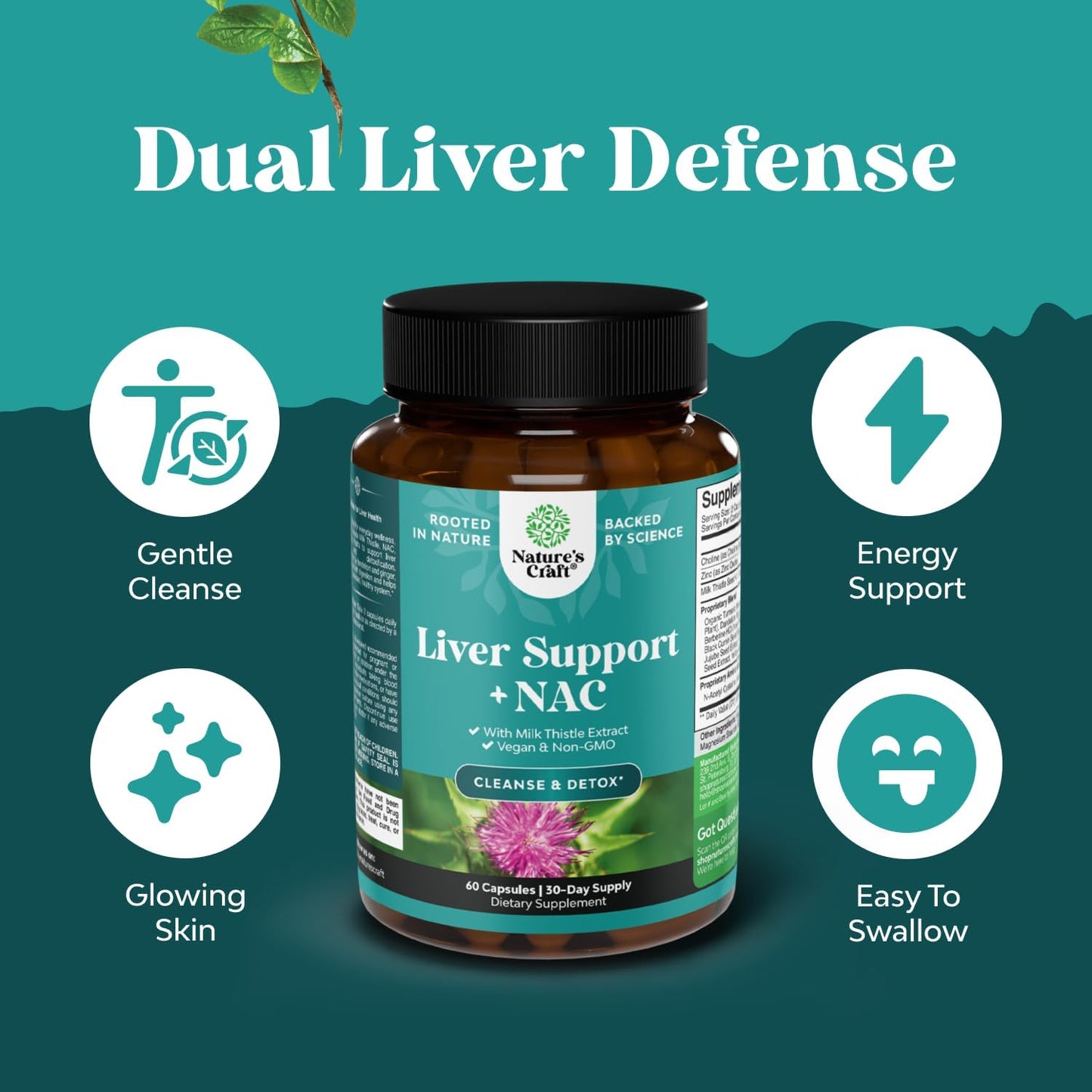 NAC Liver Support Supplement Milk Thistle Turmeric Choline Glutathione 60 Count
