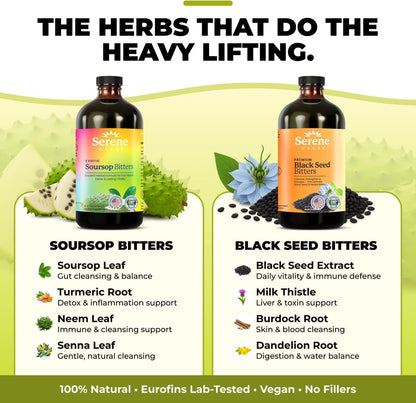 Serene Herbs Soursop Bitters & Black Seed Liquid Herbal Supplement Bundle 2 Pack 32 fl oz