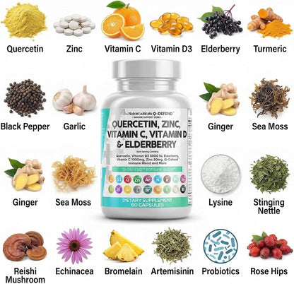 Q Defend Quercetin Capsules Zinc Vitamin C D Elderberry Blend 60 Count